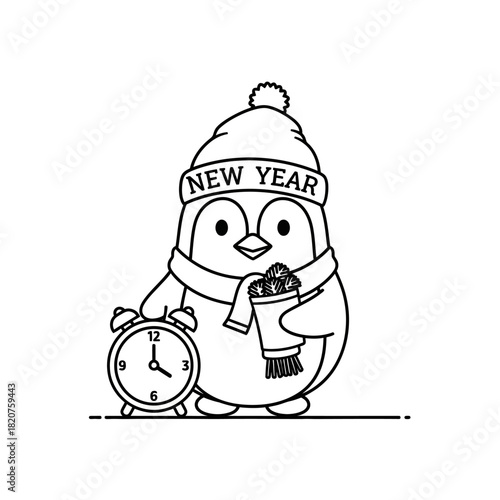Festive Penguin Celebrating New Year with Clock and Hot Drink.