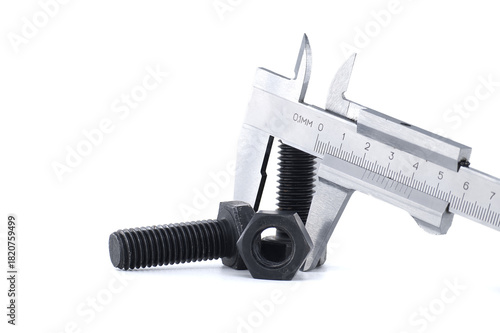 Caliper measuring a bolt, showcasing precision and engineering concepts.