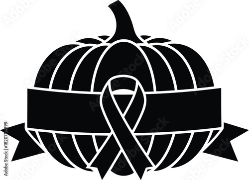 Black silhouette of a pumpkin with a ribbon and banner