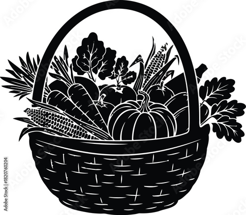 Black and white illustration of a harvest basket filled with vegetables and grains