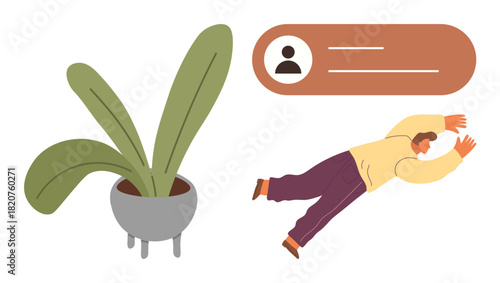 Person seemingly floating near profile card interface and potted plant. Ideal for digital identity, creativity, lifestyle, social media, user interface, mindfulness, simple flat metaphor