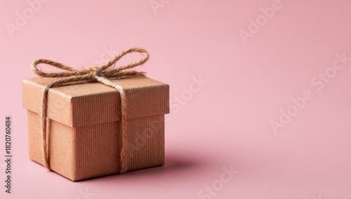 Small craft box tied with twine on soft pink backdrop