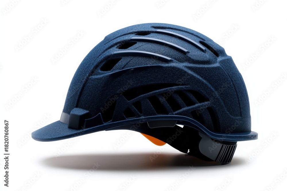 Fototapeta premium A modern blue hard hat displayed in profile showcases its sleek design, emphasizing safety in construction, work settings, and the importance of worker protection in professional environments.