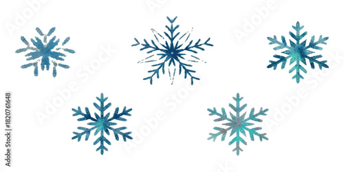 Watercolor blue snowflakes artistic design on clean white background