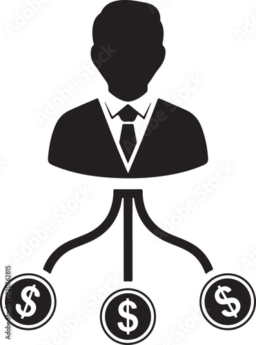 Financial distribution concept showing businessman icon allocating funds equally to three dollar currency symbols below vector graphic