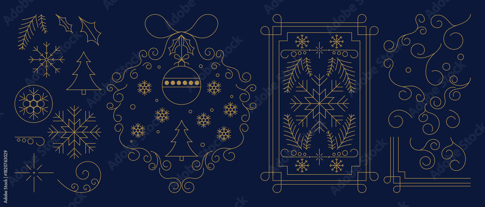 Naklejka premium Christmas vector line frame and element set with holly, ornaments, snowflakes and golden decorative shapes — elegant festive design for greeting cards