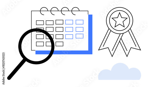 Calendar with magnifying glass, award ribbon, and cloud symbolize time management, goal tracking, and cloud-based work. Ideal for planning, productivity, achievement, technology organization