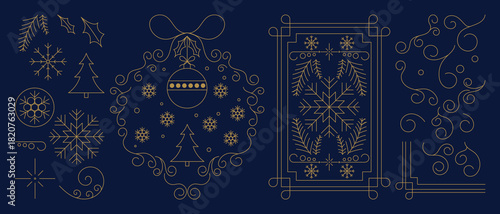 Christmas vector line frame and element set with holly, ornaments, snowflakes and golden decorative shapes — elegant festive design for greeting cards