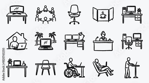 Illustration of diverse work scenarios depicting remote work and office settings