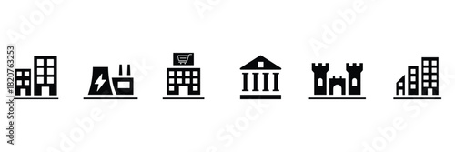 Building flat solid black icons. Flat vector icon set of residential buildings. Vector illustration.