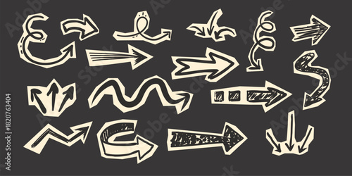 Scrapbook set with paper arrow cutout torn doodle scribble collage elements. Y2k swirl, up and down, right and left arrow collection.