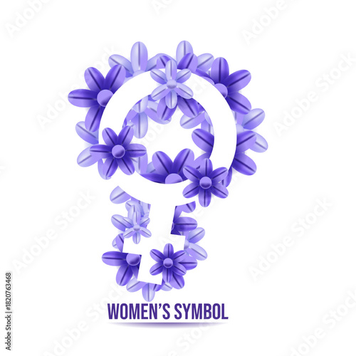 Women's symbol, Veneraes symbol decorated with flowers in purple colors, design for postcards, banners, background template, social media content