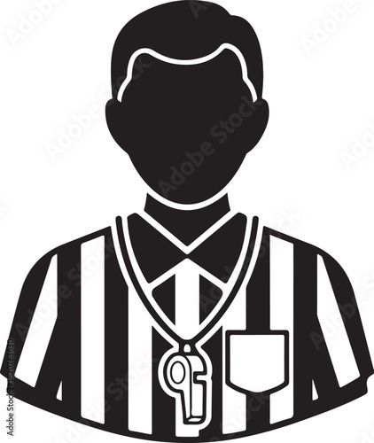 Silhouette vector graphic illustration of sport referee wearing striped uniform and whistle on transparent background