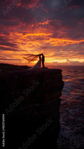 Dramatic coastal sunset with couple on rocky cliff edge