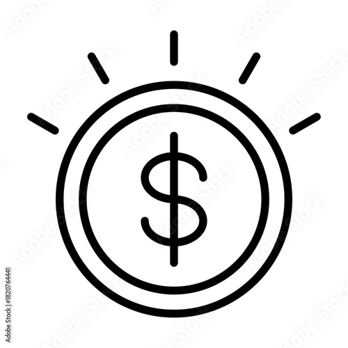 Line icon of dollar coin with rays symbolizing financial profit and monetary gain.