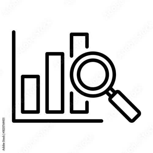Line icon of bar chart with magnifying glass representing market data review in analytical style.
