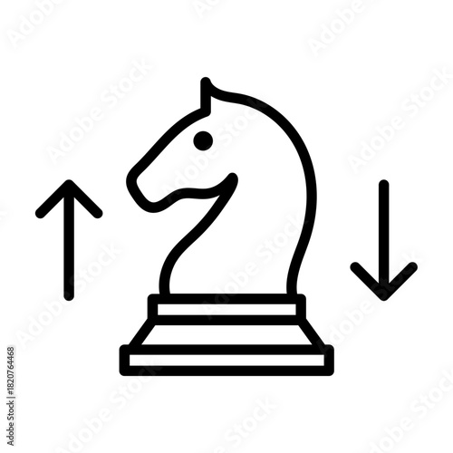 Line icon of chess knight with arrow symbolizing strategy and tactical decision-making.