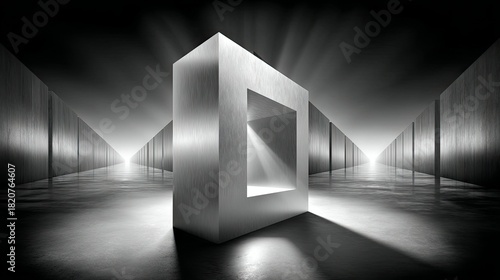 An abstract, brushed metal cube with a square opening stands in the foreground of a long, futuristic corridor. Dramatic light beams emanate from the opening and