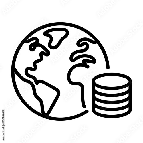 Line icon of globe with coins symbolizing global finance and worldwide economy.