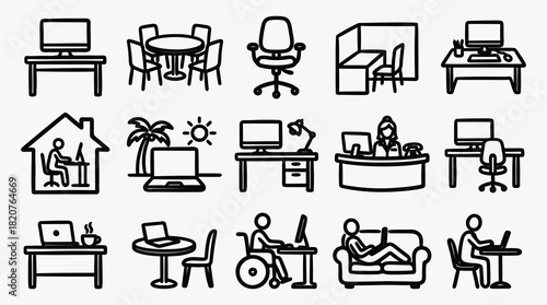 Remote work and office icons illustrating the modern workplace concept