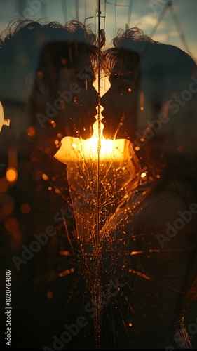 Human silhouette framed by cracked glass and golden light