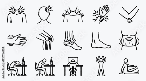 Set of Black and White Pain and Body Problems Illustration Icons