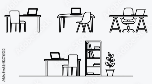 Simple line art showing desks chairs bookshelves and indoor potted plant