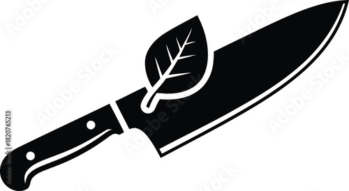 Chef knife with a leaf symbol representing healthy eating