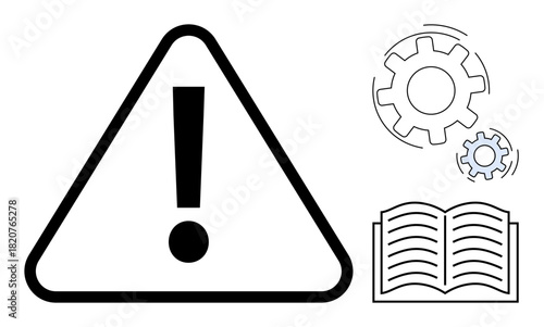 Triangular caution sign with exclamation mark, open book, and interlinked gears. Ideal for caution, education, information systems, problem-solving, innovation workflow teamwork. Simple flat