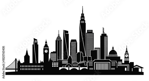 Cityscape silhouette with prominent buildings and structures in black and white silhouette