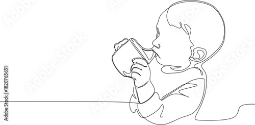 CoContinuous line drawing. Little baby drinking from spout cup. Vector illustration.ntinuous line drawing.  Lit...