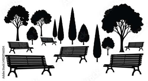 Park benches and trees illustration in black and white silhouette
