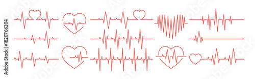 Heartbeat line art set. Cardiogram wave, curve, heart beat rate, medical graph in lineart style. Pulse, rhythm, cardiac frequency. Health concept. Flat vector illustration isolated on white background