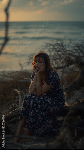 Young woman in dress relaxing on sand during golden hour