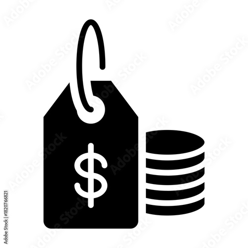 Glyph icon of price tag with coins symbolizing cost analysis and pricing strategy.