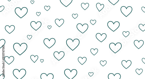 Elegant seamless pattern of scattered outlined heart shapes in dark green on a white background symbolizing love and nature.