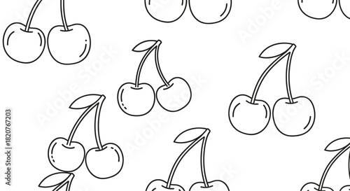 Simple seamless pattern of hand-drawn outlined cherry pairs with stems and small leaves on a clean white background.