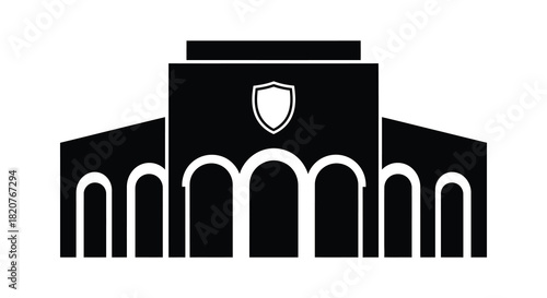University building silhouette with arches and shield emblem silhouette