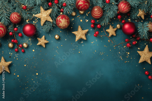 Schöner festlicher Hintergrund Weihnachten mit Sternen und Christbaumkugeln