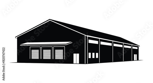 Black and white warehouse building silhouette with simple lines and details silhouette