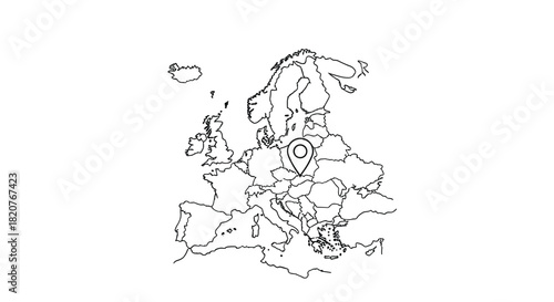 Outline map of Europe with a prominent location pin centered over Central Europe ideal for travel and geographical themes.
