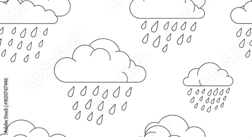 Charming seamless pattern of outlined cartoon clouds with raindrops creating a simple and clean weather motif.