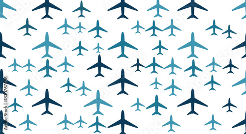 Dynamic seamless pattern featuring scattered airplanes in varying sizes and shades of blue against a clean white background.