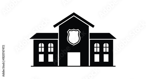 Police station building with shield icon in black silhouette