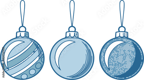 Three blue Christmas ornaments isolated with transparent background, vibrant color, polished shine, detailed texture, clean, high-quality festive decorative objects.