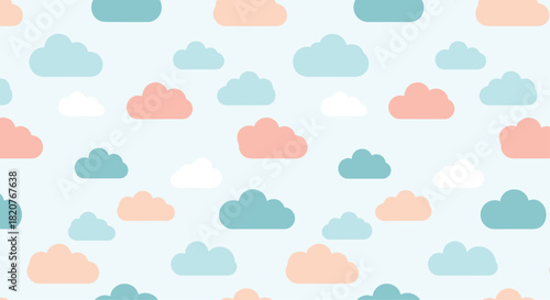 Playful seamless pattern featuring various sized pastel colored clouds in blue pink and white on a light blue background.