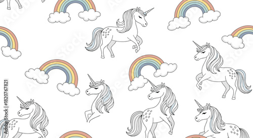 Magical seamless pattern of graceful outlined unicorns with colorful rainbows and fluffy clouds on a crisp white background.