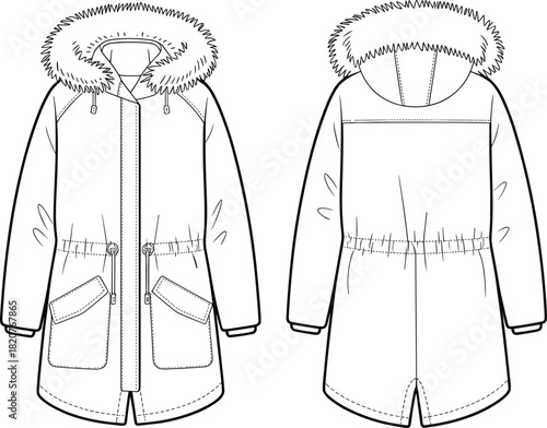 Technical Fashion CAD Drawing of a Modern Winter Parka Coat, Featuring an Adjustable Drawstring Waist, Warm Fur-Trimmed Hood, and Large Utility Pockets, Flat Vector Illustration