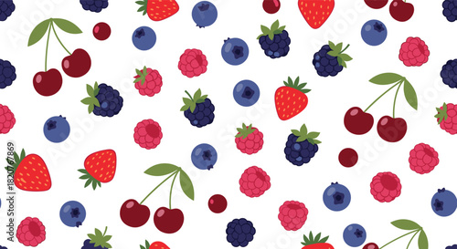 Delicious seamless pattern featuring scattered cherries blueberries strawberries raspberries and blackberries on a white background.