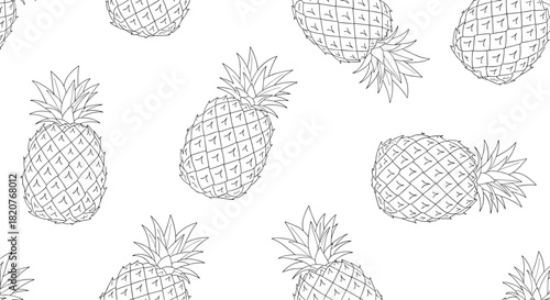 Tropical seamless pattern of hand-drawn outlined pineapples in different orientations creating a fresh exotic fruit design.